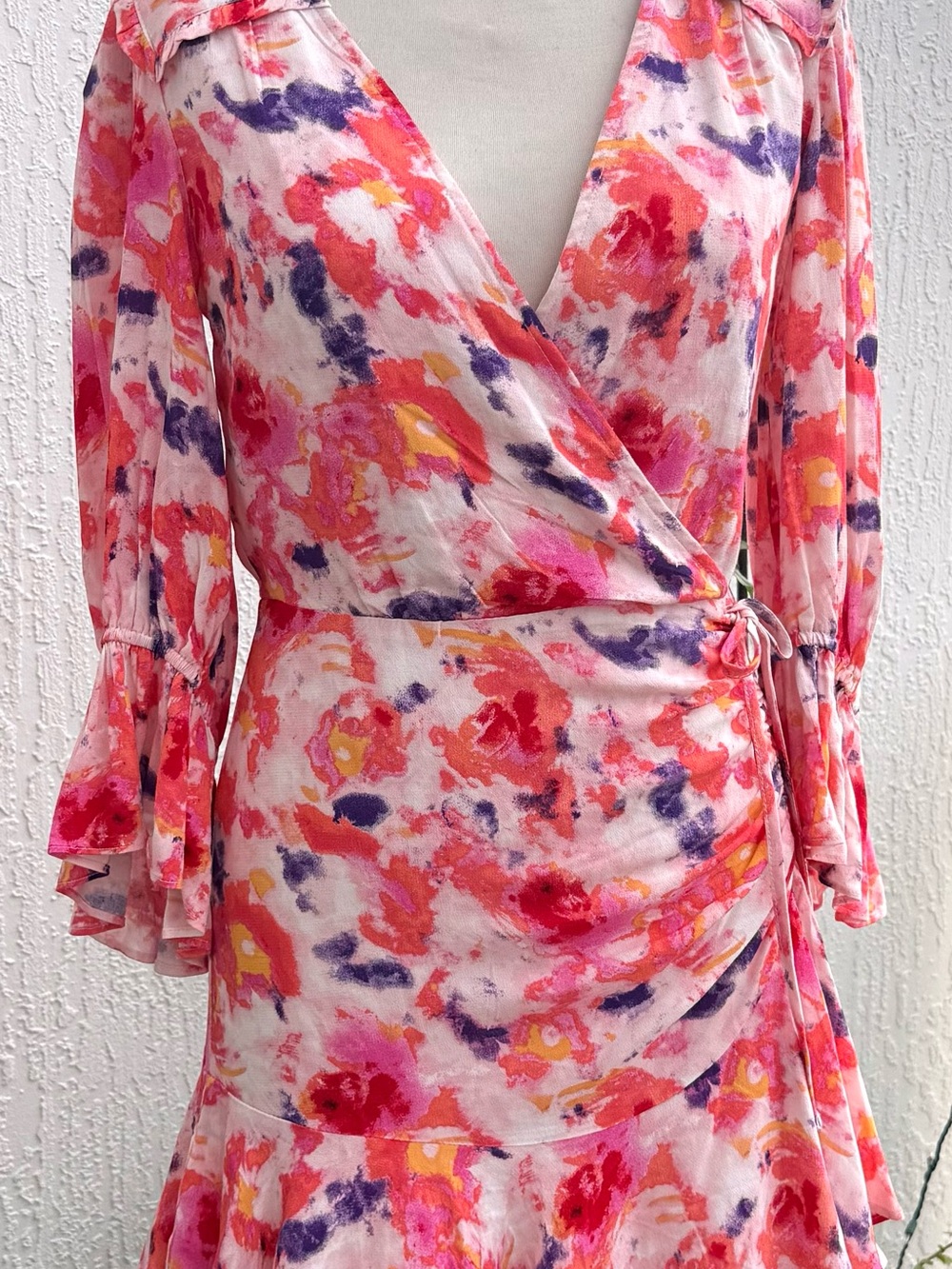 Betsey Johnson multi color floral watercolor print 4 faux wrap Dress ruching.
